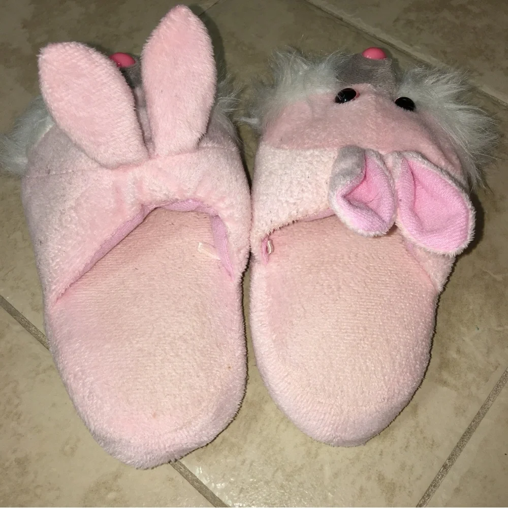 Pink bunny slippers with fur and cute eyes Child slippers, 7 inches long